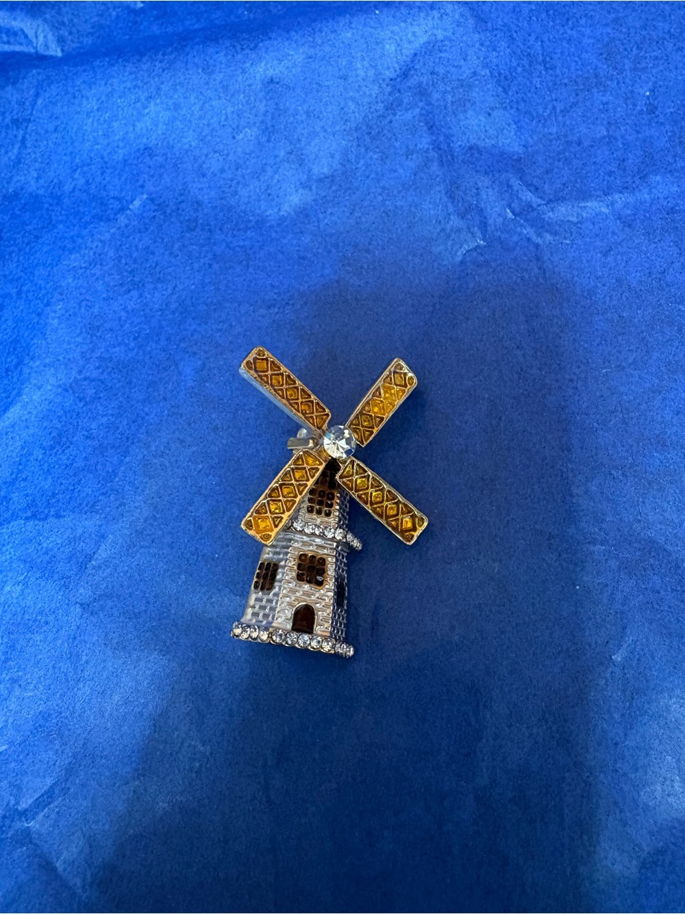 Vintage Windmill Brooch - Yellow Enamel & Clear Rhinestones